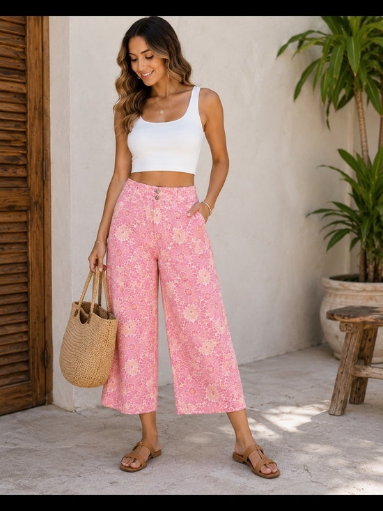 Sigrid Olsen Pants - Sigrid Olsen Pink Floral Crop Wide Leg Pants Size 10 Resort Coastal Cottage